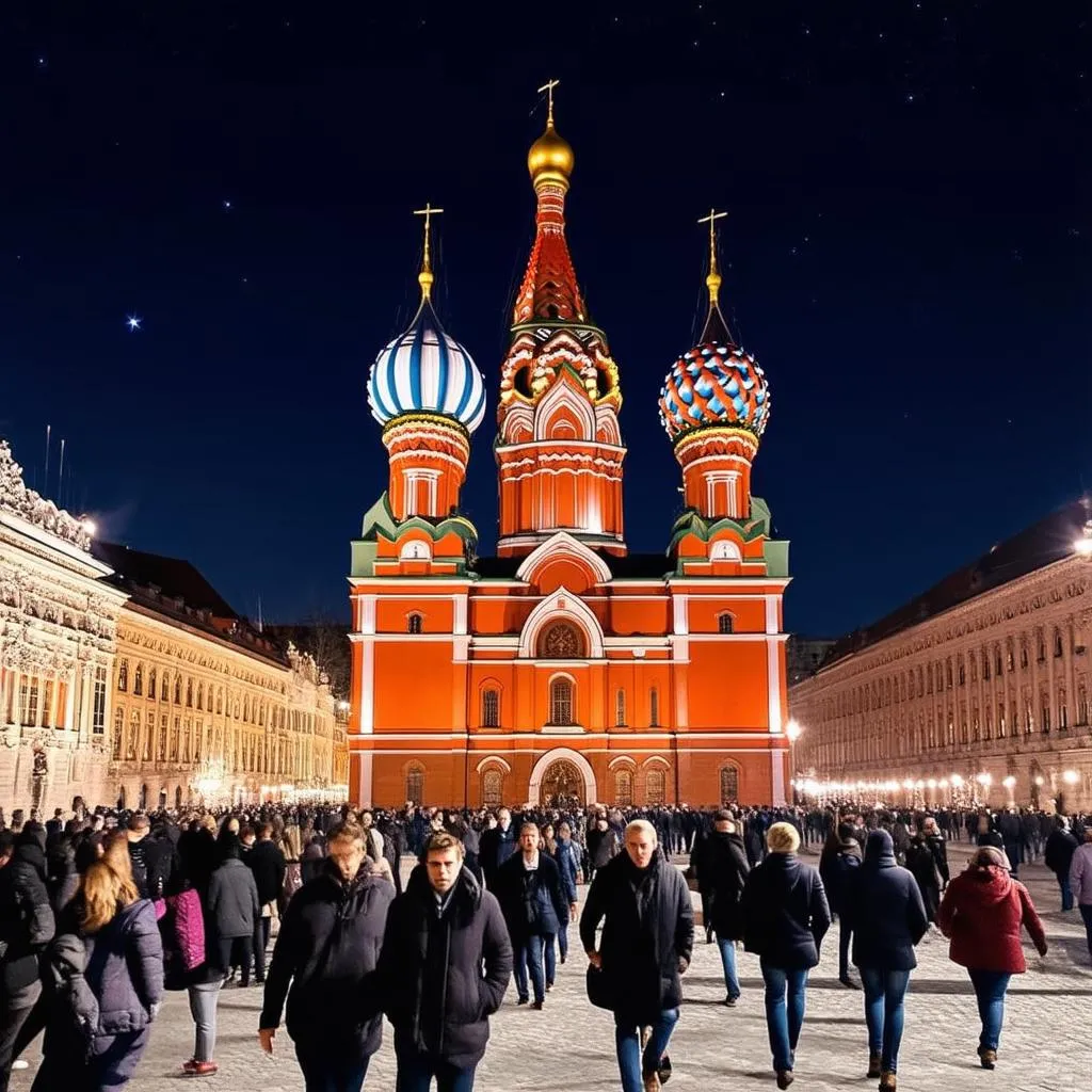 Red Square at night with St. Basil's Cathedral illuminated